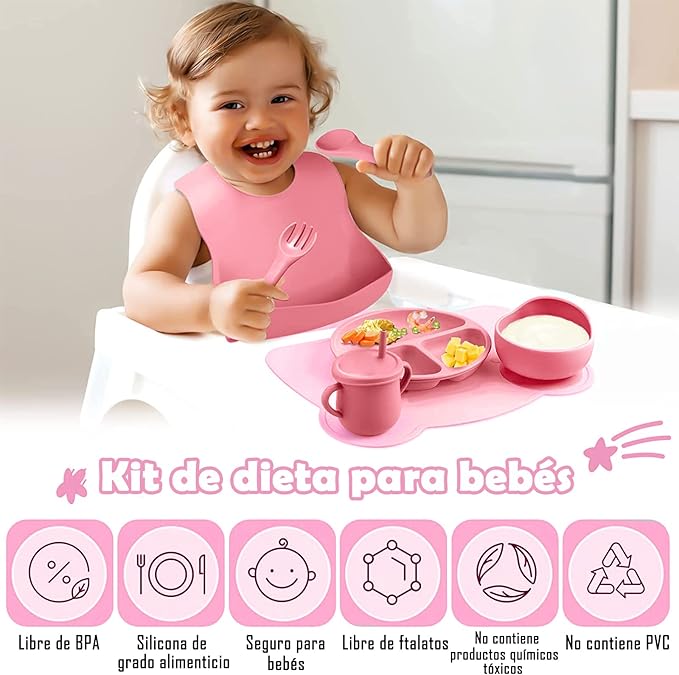 SET DE VAJILLA DE SILICONA PARA BEBÉ 😍👶 ¡Trae 7 utensilios diferentes para tu pequeño!