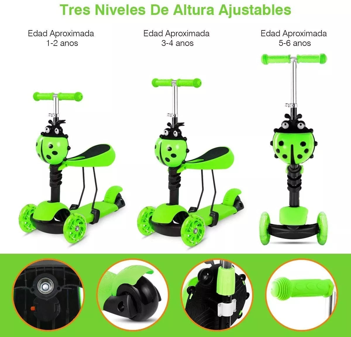 SCOOTER CUCARRONCITO 5 EN 1 🛴🐞 ¡Puede ser usado como monopatín, como triciclo o como triciclo con empuje!