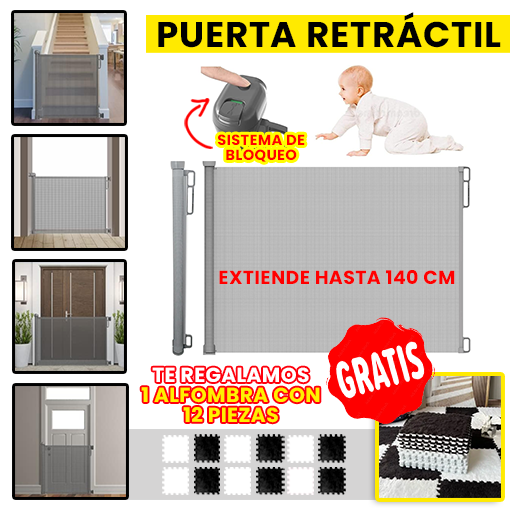PUERTA DE SEGURIDAD RETRÁCTIL + 1 ALFOMBRA ROMPECAZAS (BLANCA CON NEGRO) 🤩😱 - Ofertas