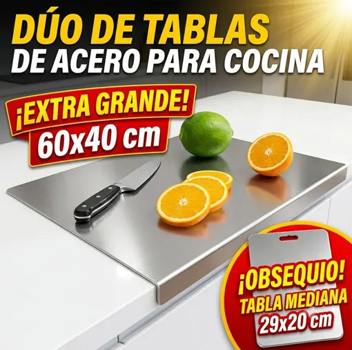 Dúo de Tablas de Acero para Mesón | Tabla de 60 x 40 cm y GRATIS 1 Mediana👌✨🥑🍎 - Ofertas